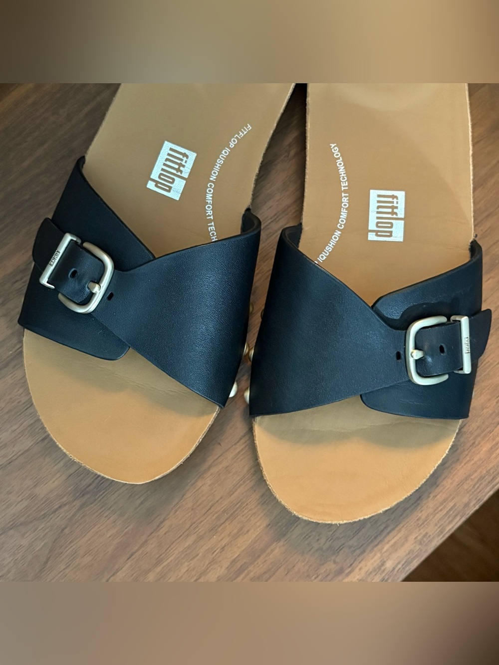 Fitflop IQusion Adjustable Buckle Leather Slides Size 7